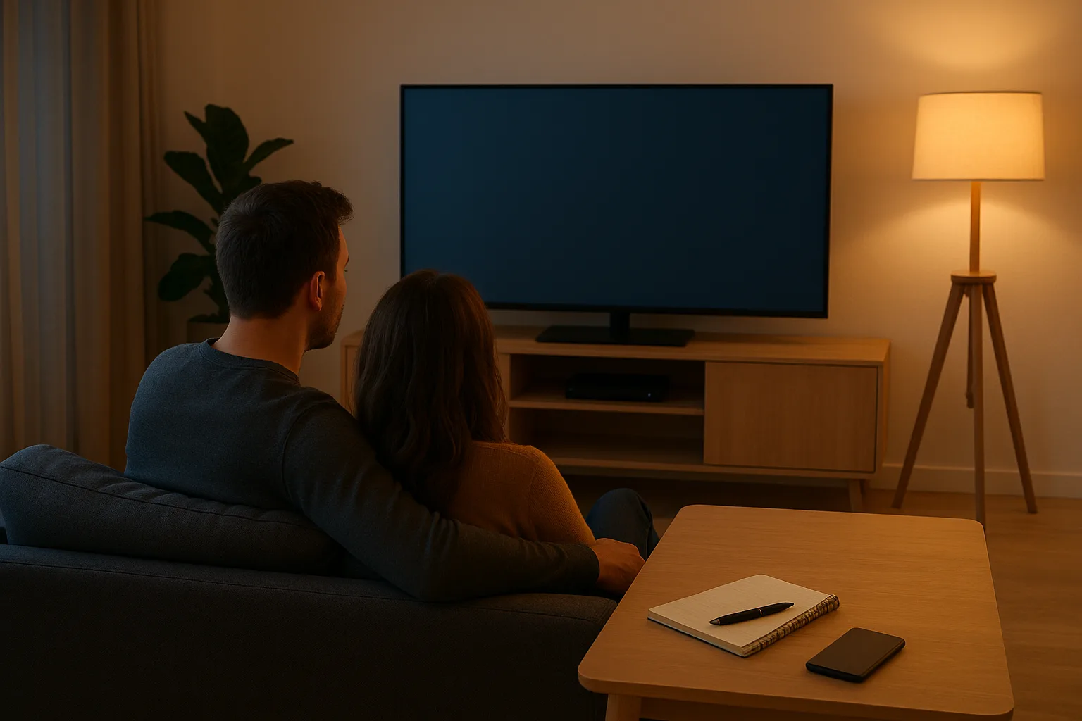 Gezin in een Nederlandse woonkamer kijkt tv via een media box, met een notitieboekje en telefoon op tafel om opties te vergel