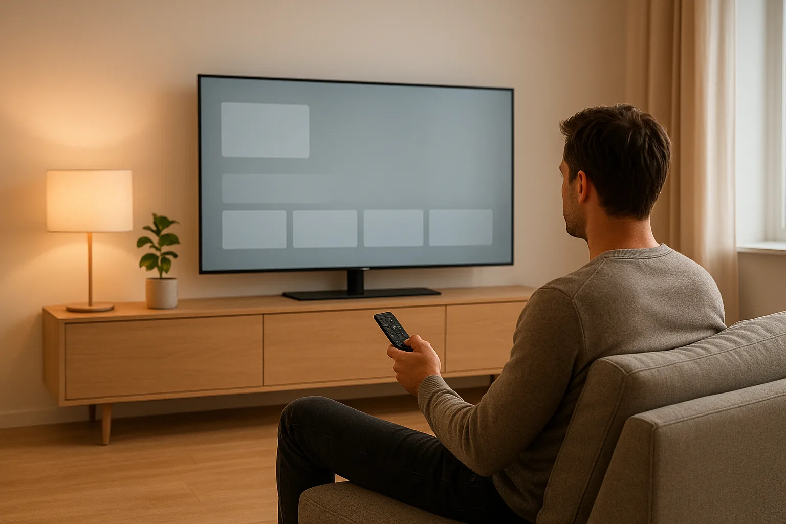 Persoon kijkt IPTV op een grote Smart TV in een lichte Nederlandse woonkamer met afstandsbediening in de hand.