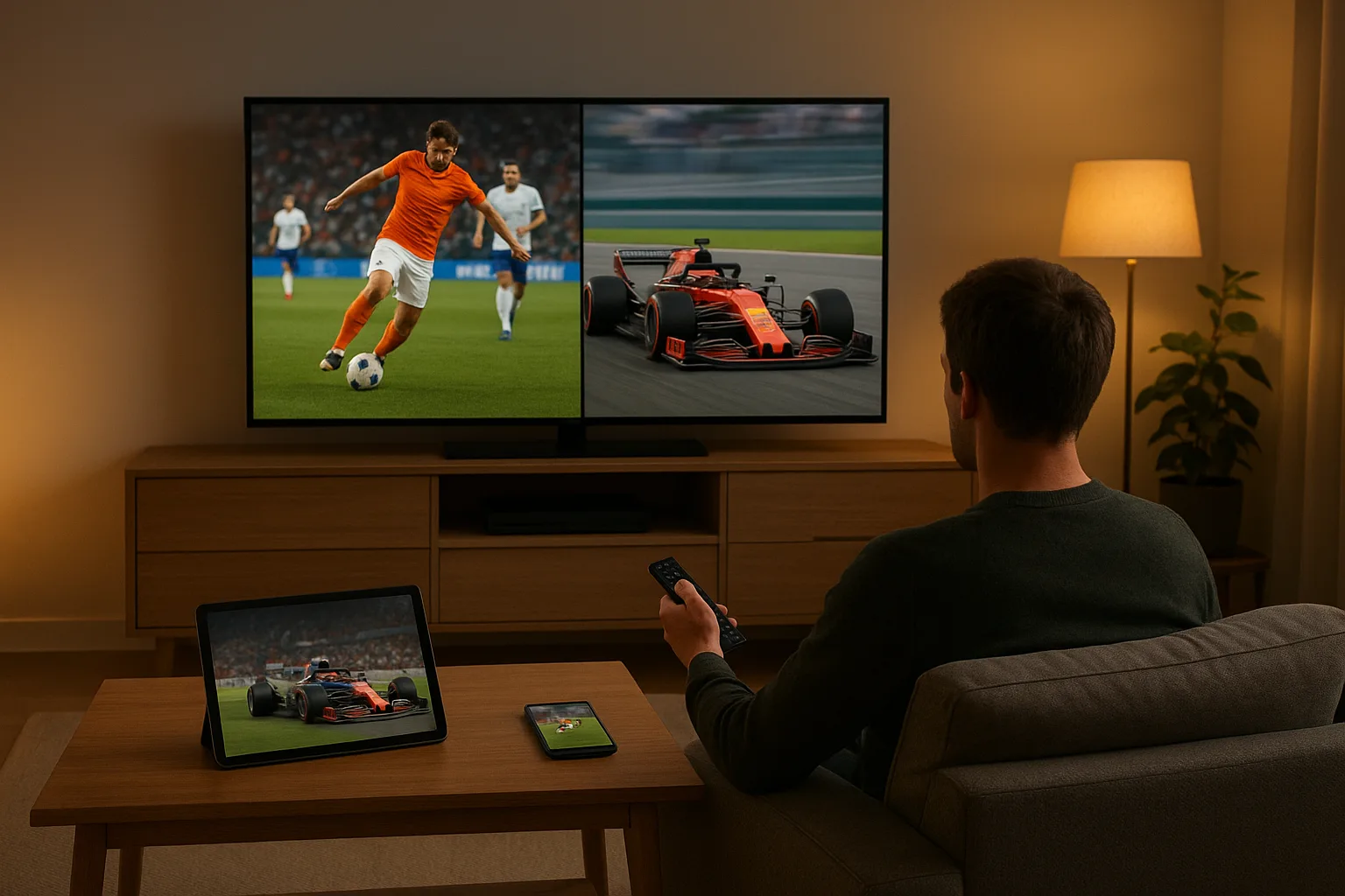 Sportliefhebber kijkt live voetbal en Formule 1 via IPTV op een grote TV, met smartphone en tablet naast zich.
