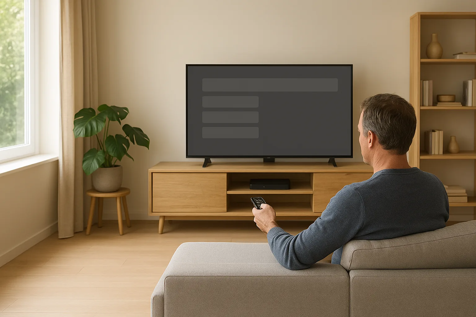 Nederlandse huiskamer waar iemand op de bank via een TV‑box en afstandsbediening IPTV selecteert, met focus op gemak en veili
