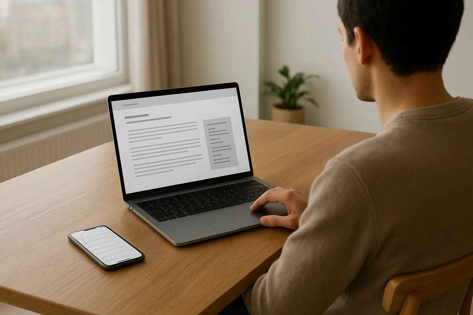 Nederlandse consument die op een laptop de voorwaarden en contactgegevens van een IPTV aanbieder controleert, met een smartph