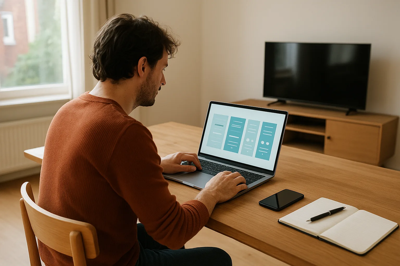 Nederlandse consument vergelijkt IPTV abonnementen op laptop en maakt een kostenvergelijking met notitieblok en smartphone er