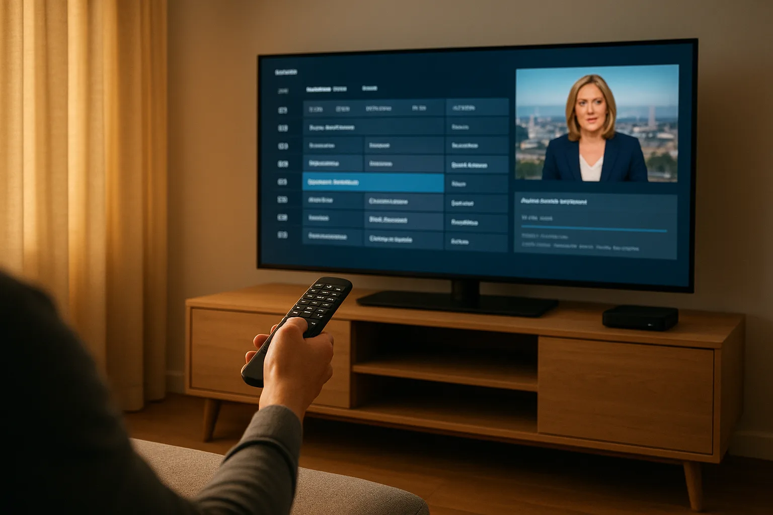 Persoon test een IPTV-dienst op een grote tv met afstandsbediening, EPG open en kanaalwissel in een moderne Nederlandse woonk