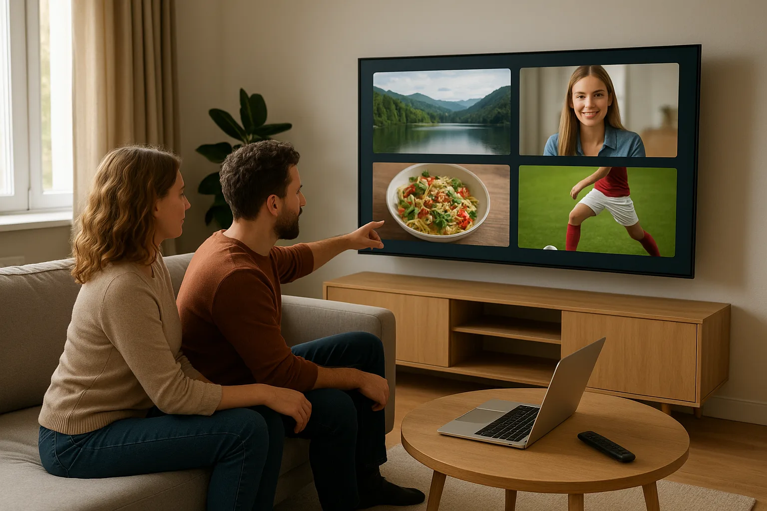 Nederlandse huiskamer met een grote tv waarop verschillende tv- en app-tegels zichtbaar zijn, met een afstandsbediening op de