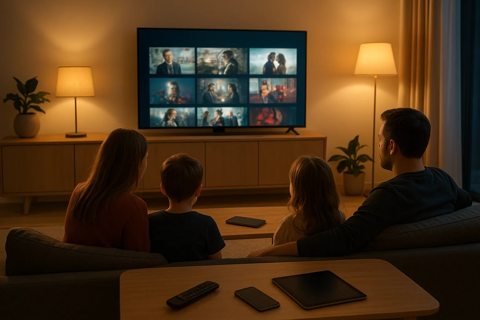Gezin op een bank kijkt tv met een streaminginterface; op tafel liggen een afstandsbediening, smartphone en tablet.