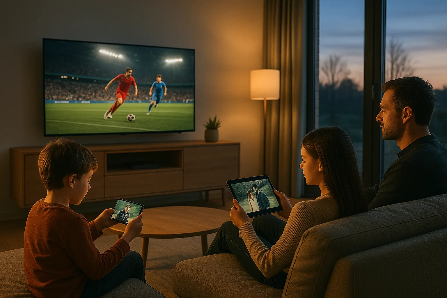 Gezin kijkt tv via een smart‑tv terwijl iemand op een tablet en een smartphone ook video streamt in een moderne Nederlandse w