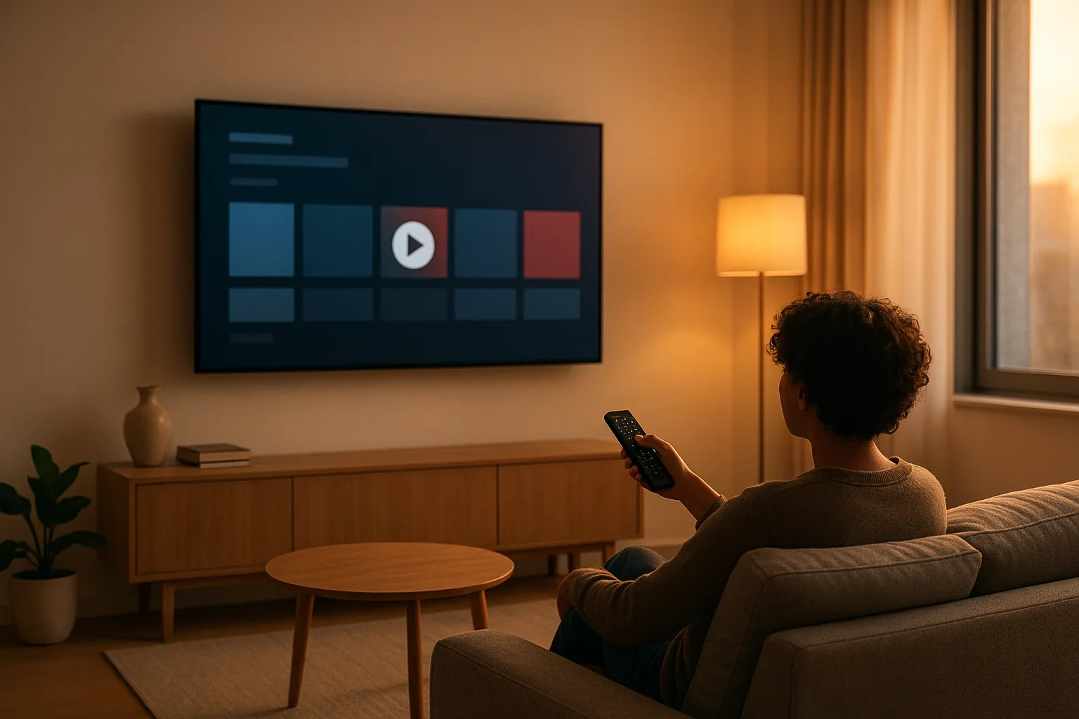 Nederlandse huiskamer met smart‑tv waarop een streamingapp is geopend; persoon activeert IPTV op afstandsbediening.