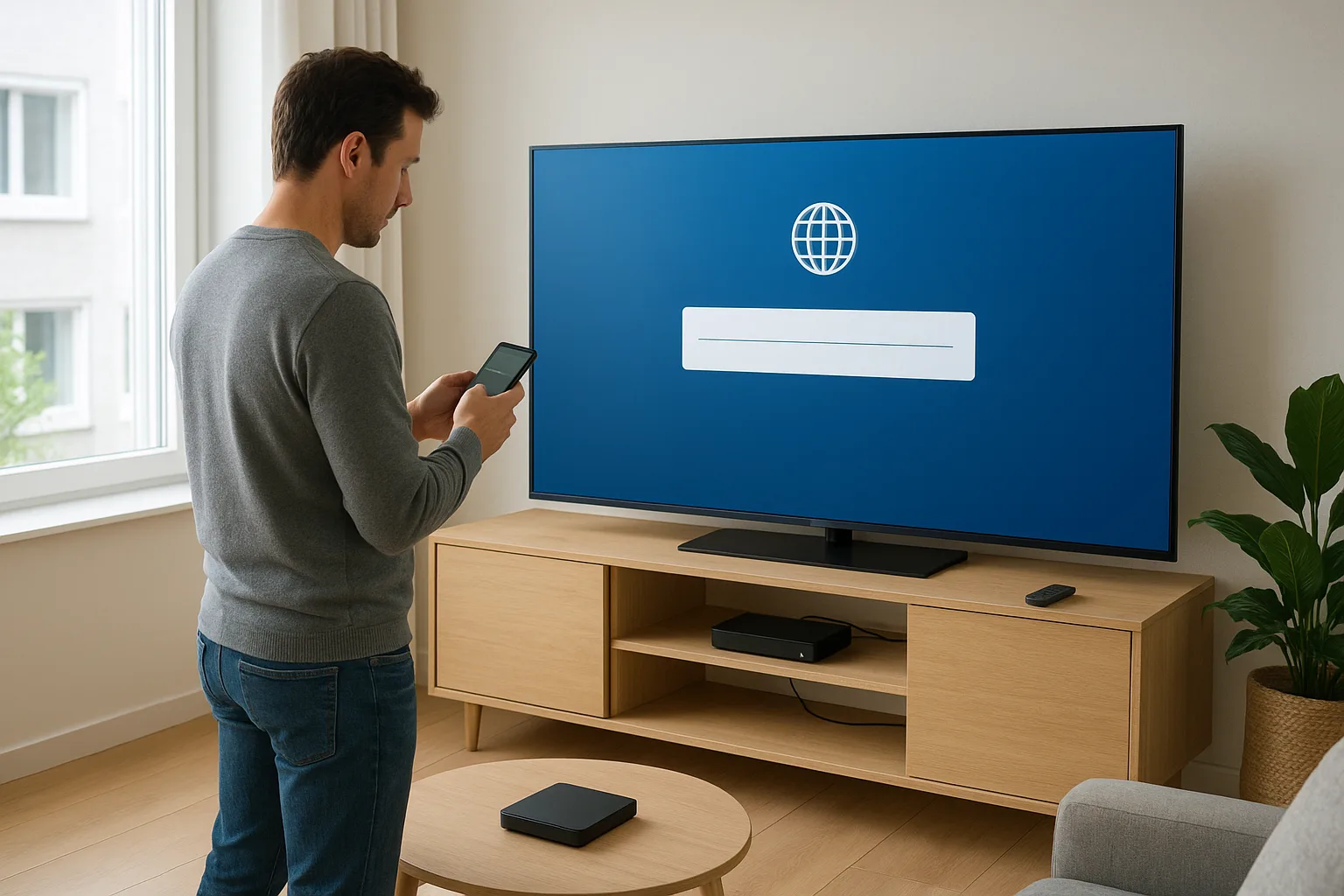 Persoon stelt IPTV in Nederland in op een smart‑tv met smartphone in de hand in een moderne woonkamer.