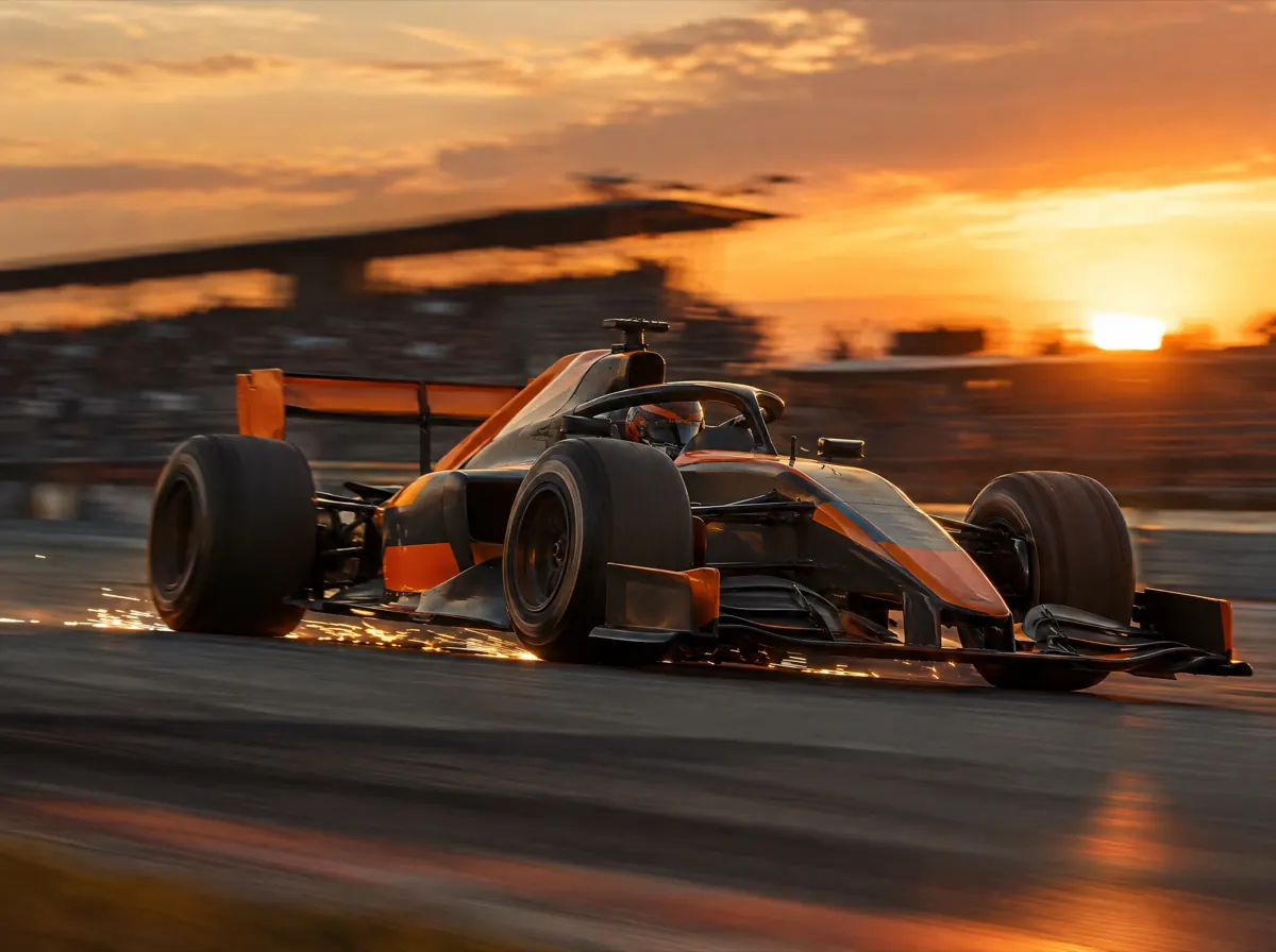 Autosport live kijken met IPTV: formulewagen op volle snelheid bij zonsondergang