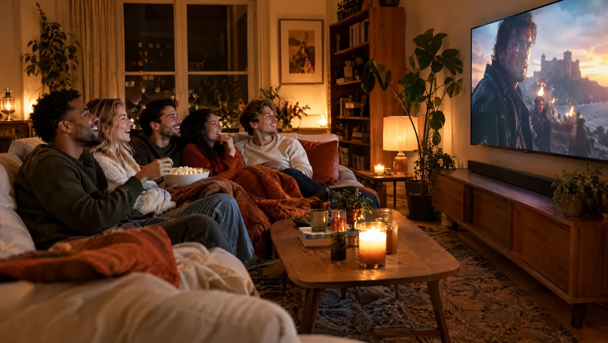 Vrienden kijken samen films en series via IPTV Nederland op een grote tv in de woonkamer