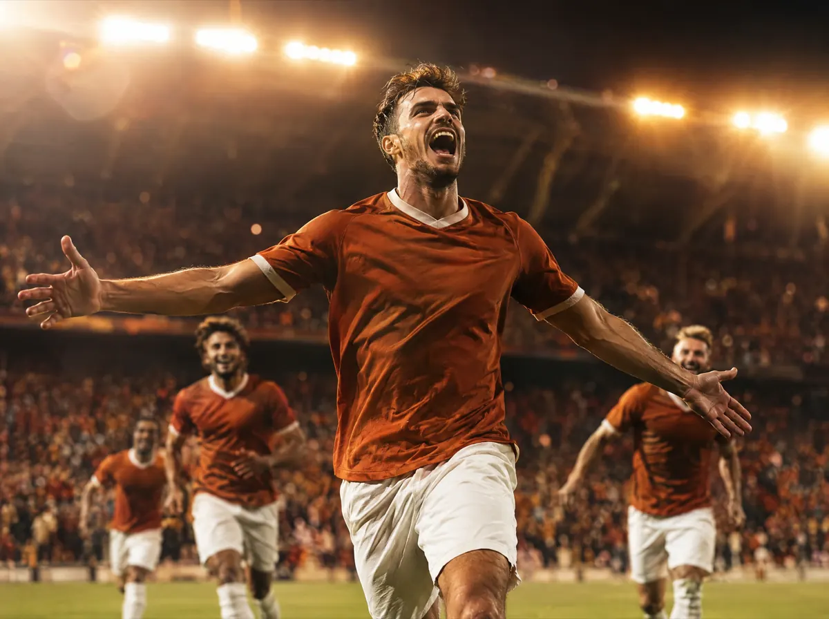 Live voetbal kijken met IPTV: voetballer viert een doelpunt in een vol stadion