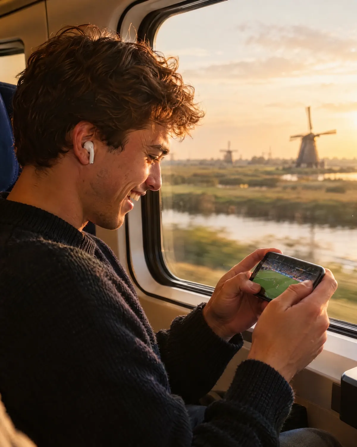 Jonge man kijkt live sport op zijn telefoon in de trein