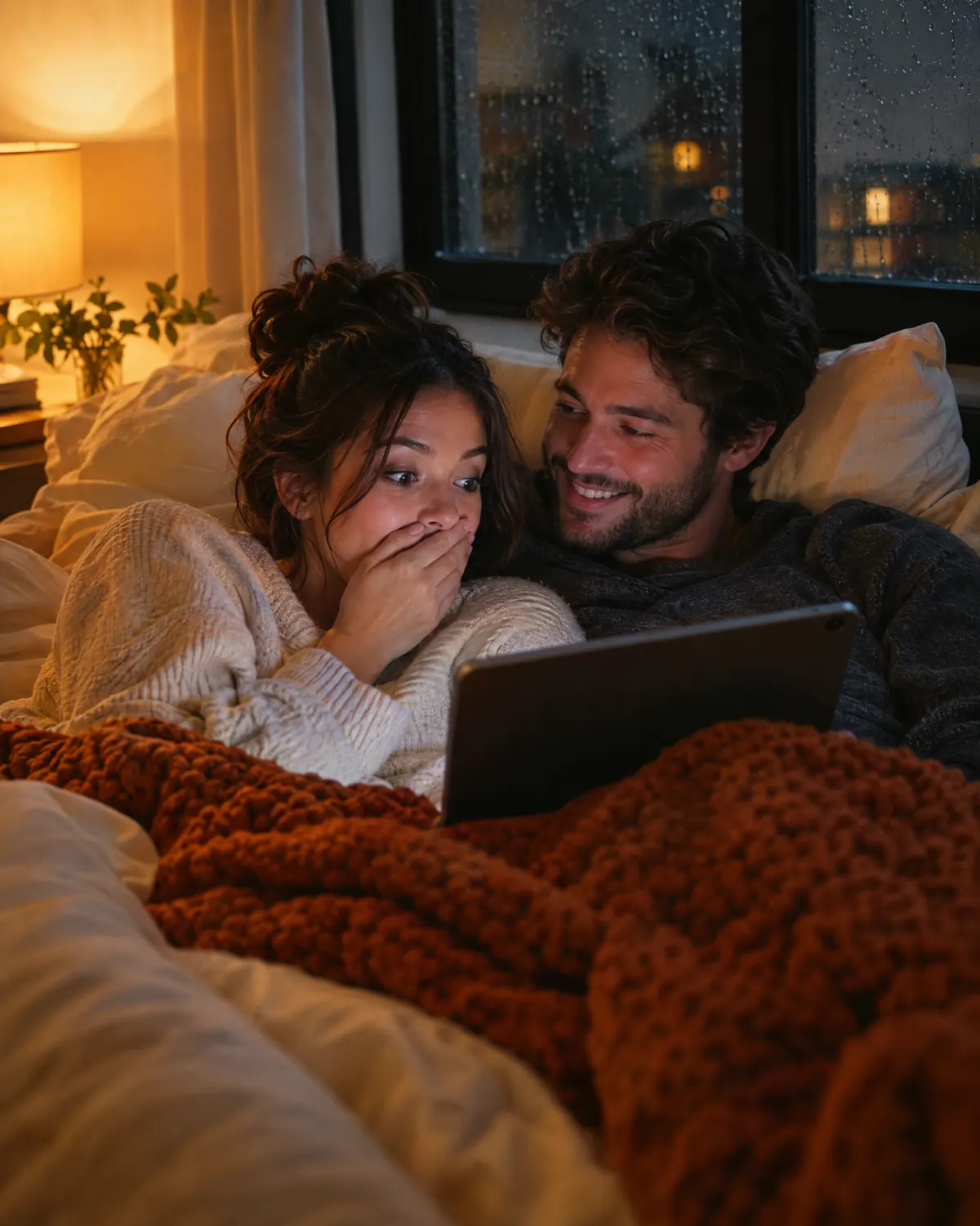 Stel kijkt in bed samen een spannende serie op een tablet