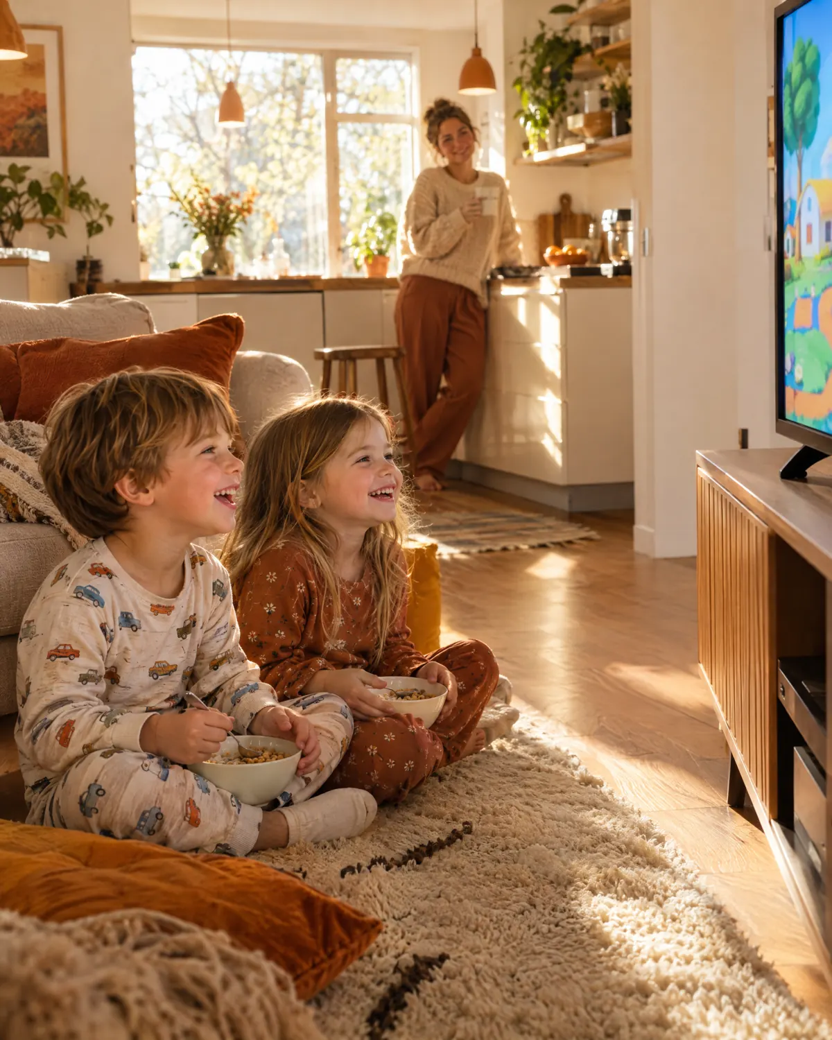 Kinderen in pyjama kijken tekenfilms op tv terwijl moeder koffie drinkt