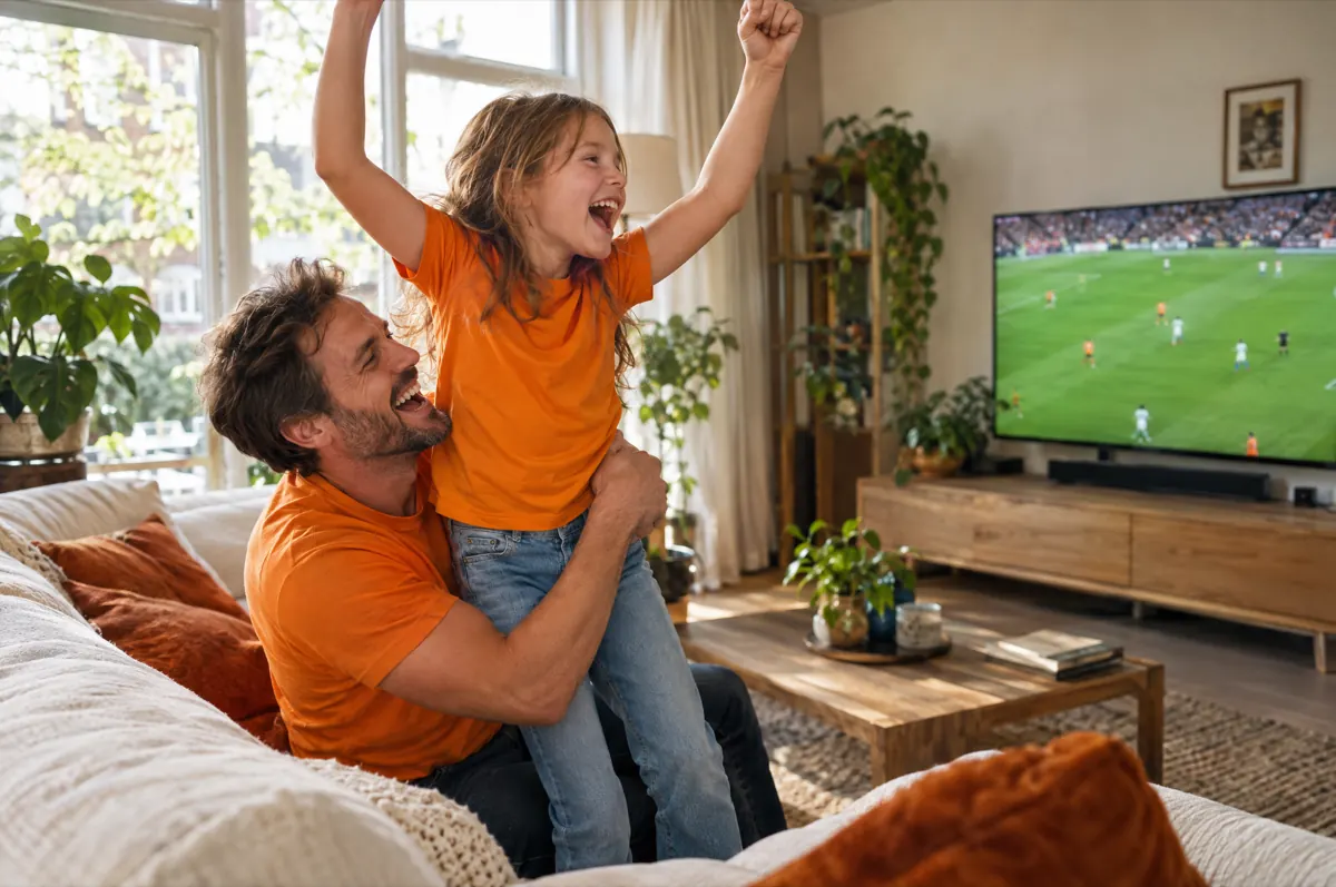 Vader en dochter in oranje shirts juichen voor een live voetbalwedstrijd op tv